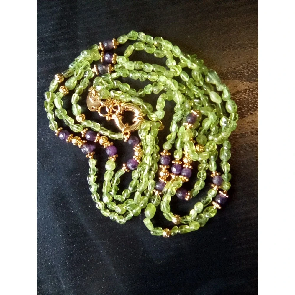 Peridot Amethyst Triple Strand Beaded Necklace Gold Tone Adjustable Clasp